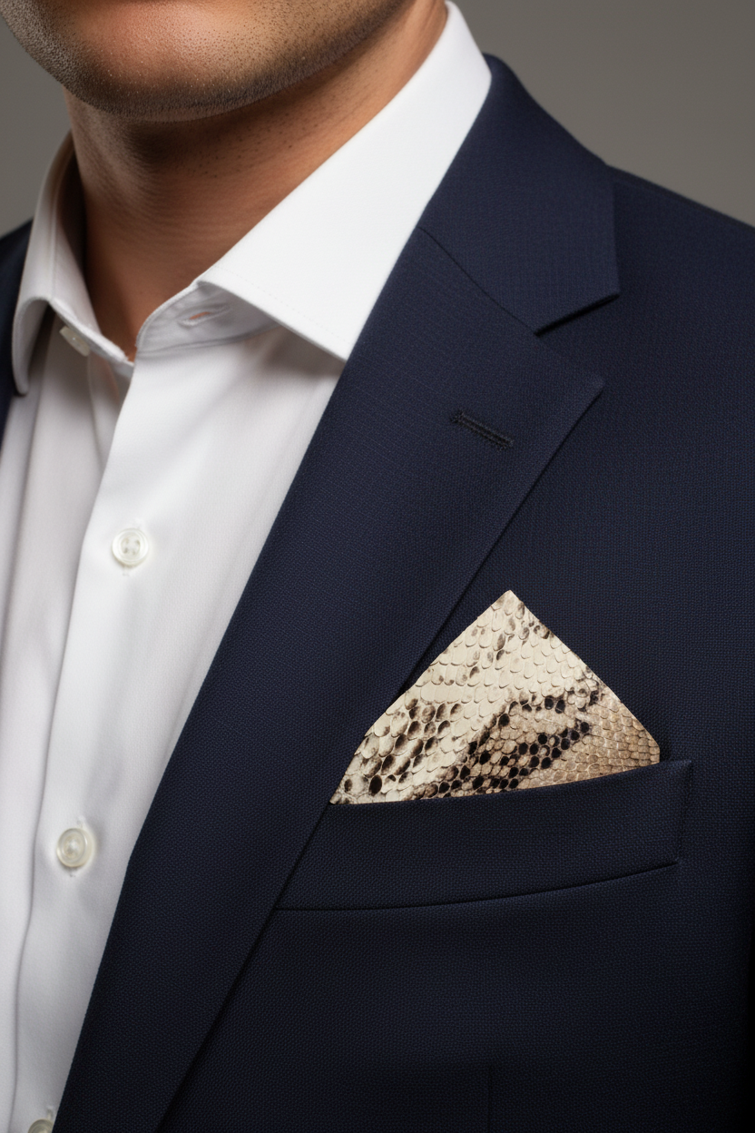 Python Snakeskin Pocket Square — Lifestyle Navy Suit