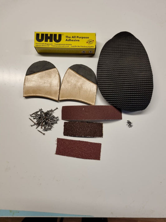 Quarter Rubber Leather Heels plus Stick on Soles , Tacks,  Adhesive Emery paper and nails
