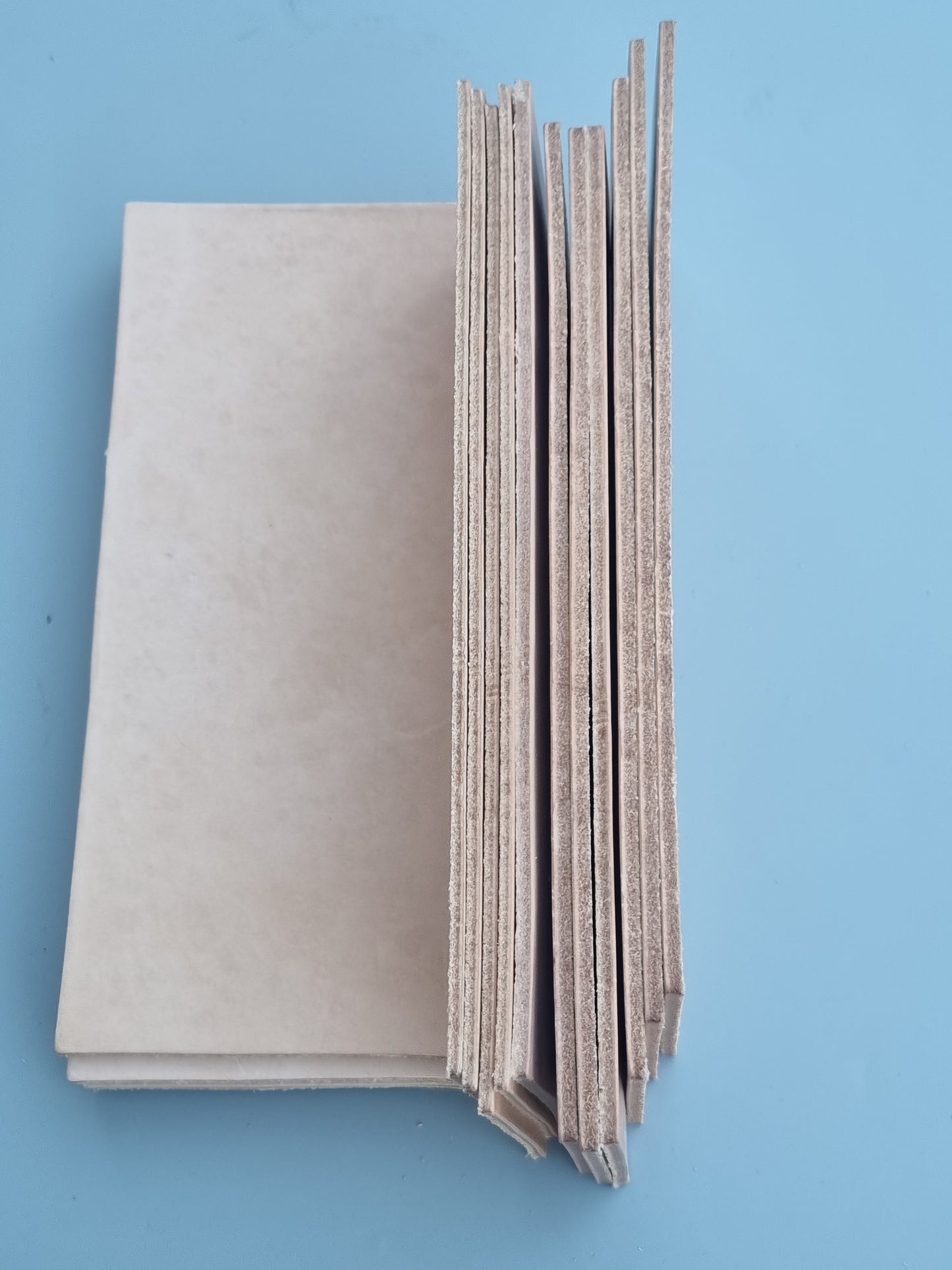 A stack of light beige  leather rectangles  standing upright to show the thickness and layered set against a solid light blue background.