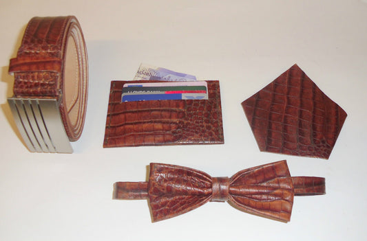 Gift set of crocodile print belt bow tie suit pocket and card holder