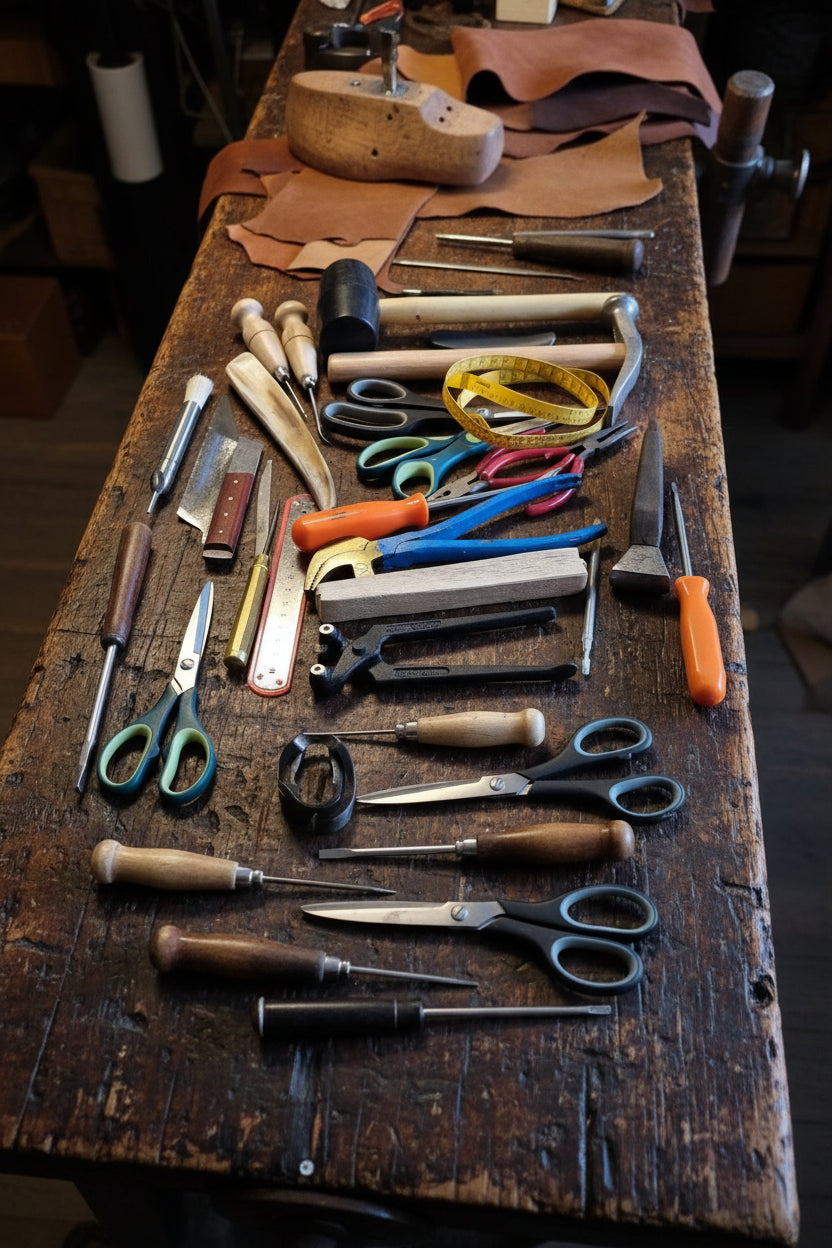 A collection of leatherworking and crafting tools arranged on a tan surface, including a mallet, measuring tape, scissors, pliers, a wooden chisel, a rasp, and other hand tools.