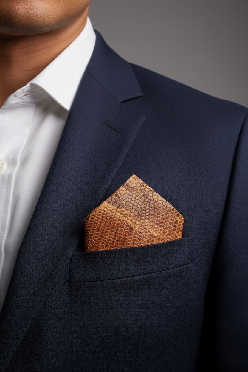 Tan Cobra Print Pocket Square — Navy Suit, Point Up