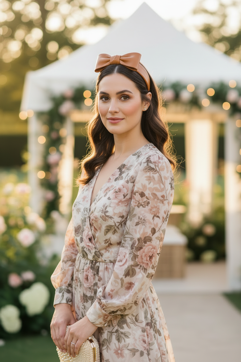 Tan Leather Bow Headband — Lifestyle