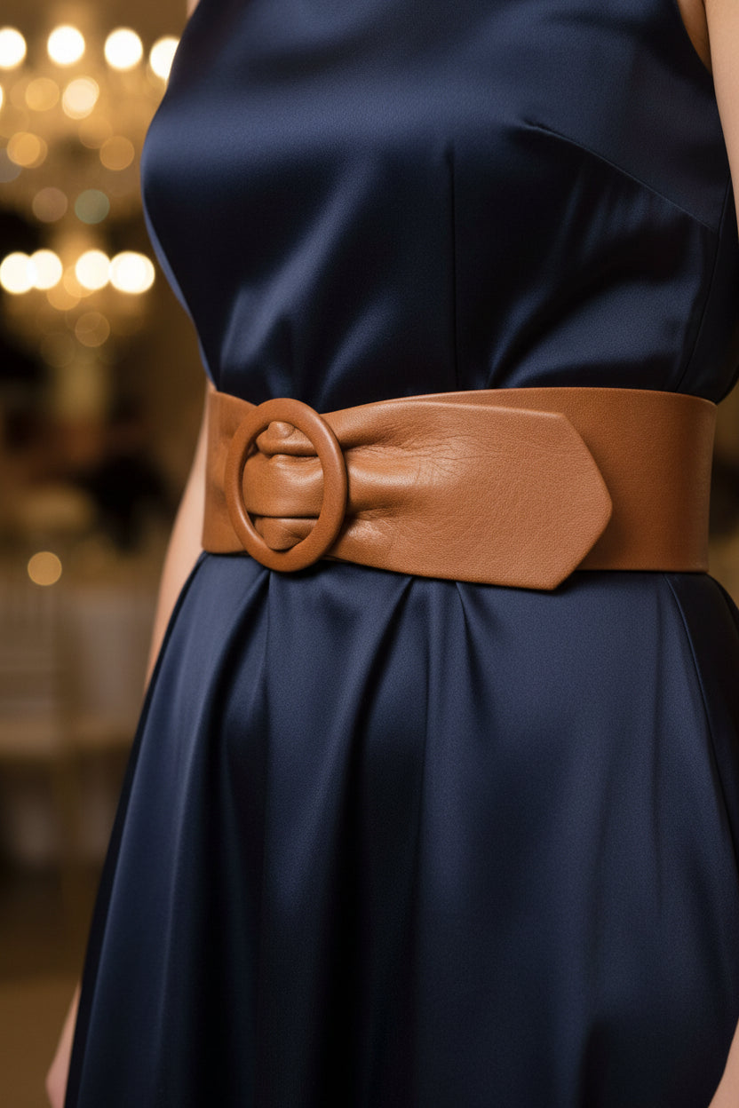 A tan leather belt with a large circular leather covered buckle detail, resting on a cardboard box filled with shredded paper.