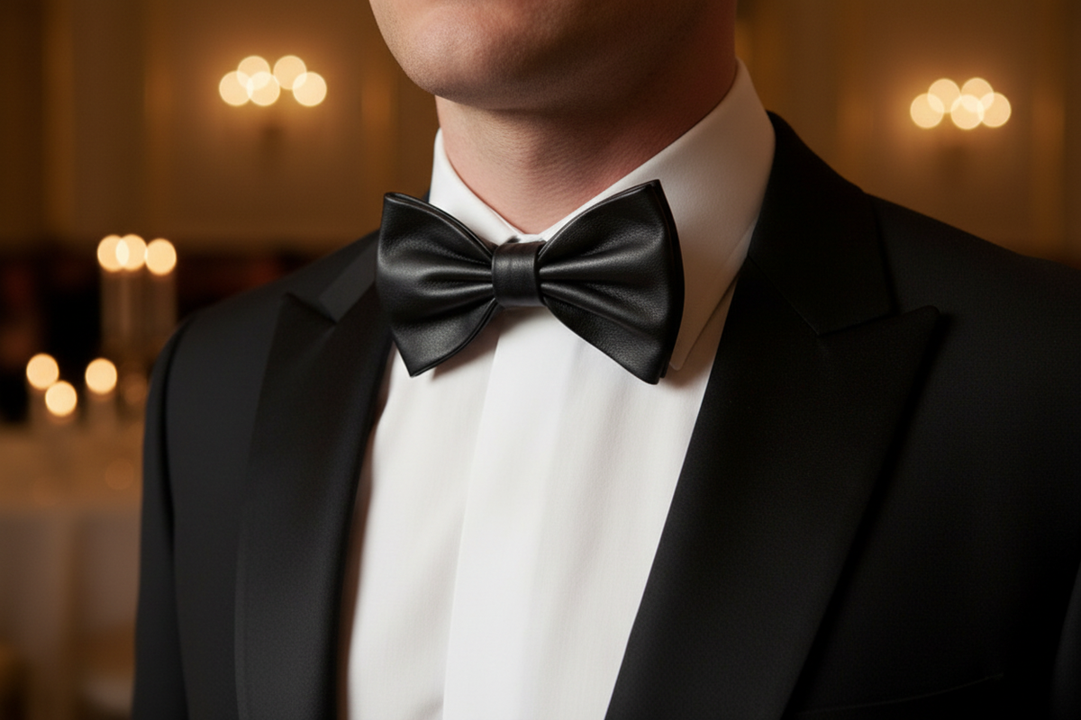Traditional English Wide Calf Leather Bow Tie — Lifestyle