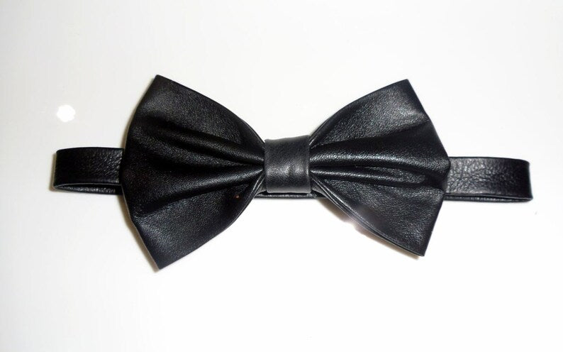 Traditional English style black leather wide bowtie made from soft black leather