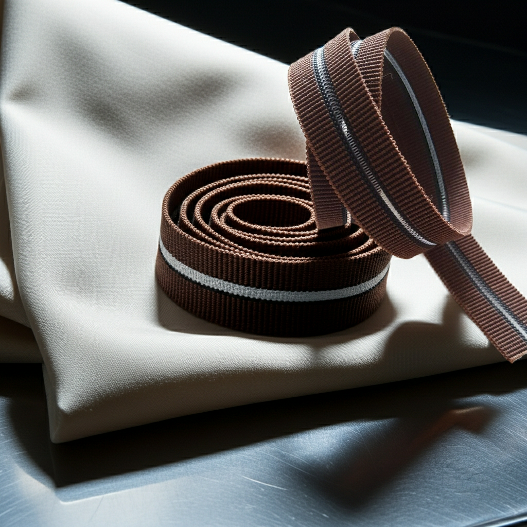 A coiled brown buckle elastic spool  displayed on a folded cream-colored fabric surface with dramatic lighting.