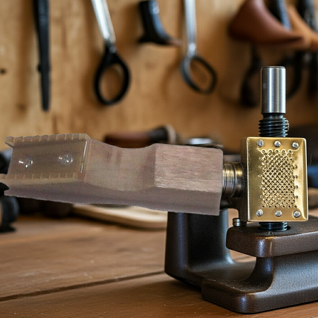 A close-up of a leatherworking tool called welt mill showing brass plate mounted on a wooden oak base. Set on a wooden workbench with leatherworking tools hanging in the background.