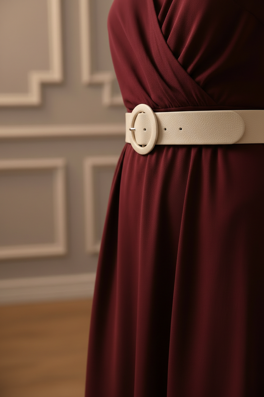 white leather belt worn over an evening dress