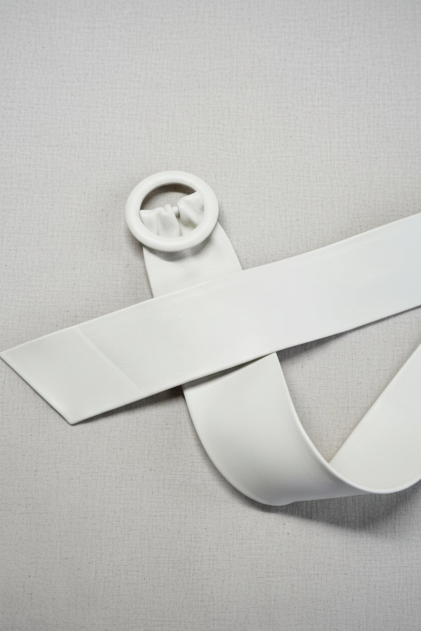 White cinch leather belt with a a ring leather covered buckle shown laid diagonally across a textured beige background.