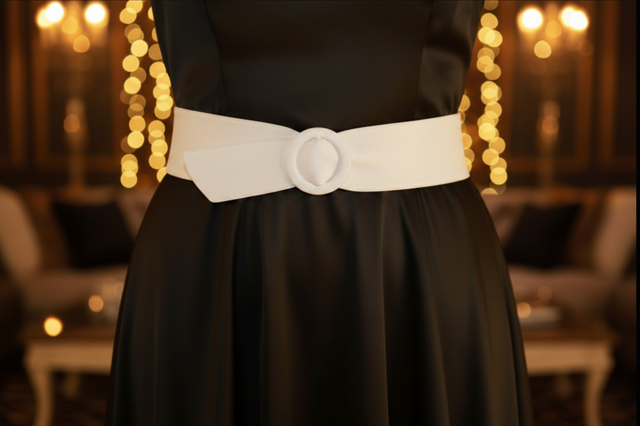 A close-up of a black satin dress with a wide white leather belt and a round white ring leather covered buckle, shown against a softly blurred warm indoor background with lights.