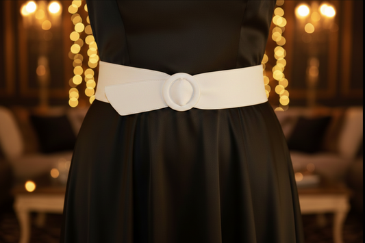 A close-up of a black satin dress with a wide white leather belt and a round white ring leather covered buckle, shown against a softly blurred warm indoor background with lights.