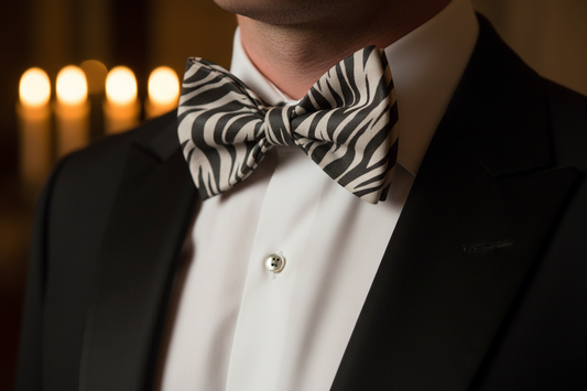 Wide Traditional English Zebra Bow Tie — Lifestyle